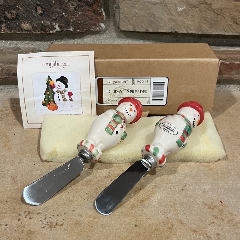 Longaberger Snowman Holiday Spreaders - Red and Green Ceramic 2-Pack